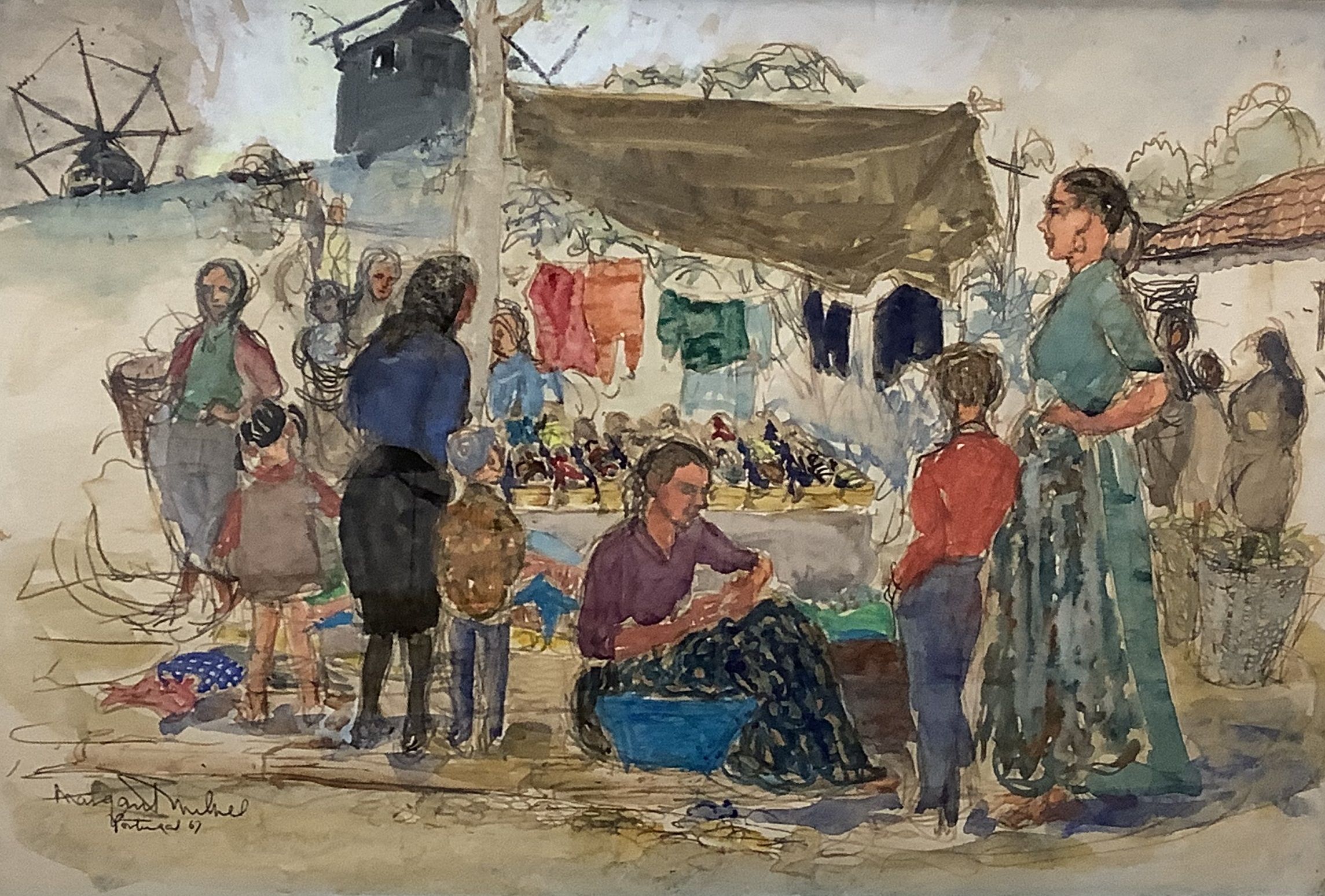 Margaret Milnes (1908-1998), two watercolours, Market Scene, Portugal and Fishermen, Portugal, 33 x 50cm & 30 x 47cm